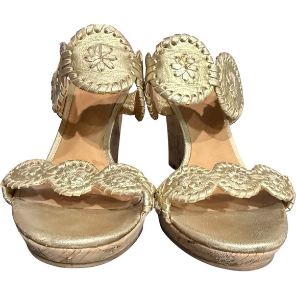 Jack‎ Rogers Sandals Womens 8.5 Gold Luccia Cork Wedge Slip On Open Toe Coastal - Picture 3 of 6